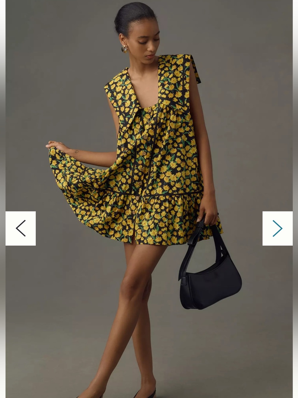 MAEVE Anthropologie Yellow Black Floral Collared Swing Mini Dress